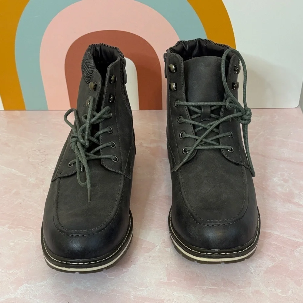 Bruno Marc Apache Grey Leather Lace-Up & Side Zip Work Combat Boots sz 12 NWOT